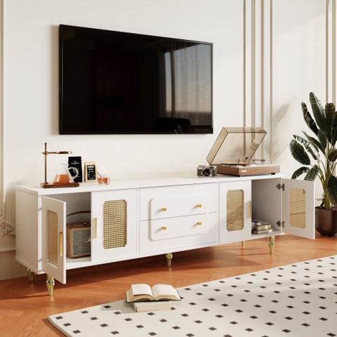 Lowboard - Tv-Meubel in Retrostijl - Gouden Handgrepen - Veel Opbergruimte - Met Rotan Deur - en Metalen Poten - Wit