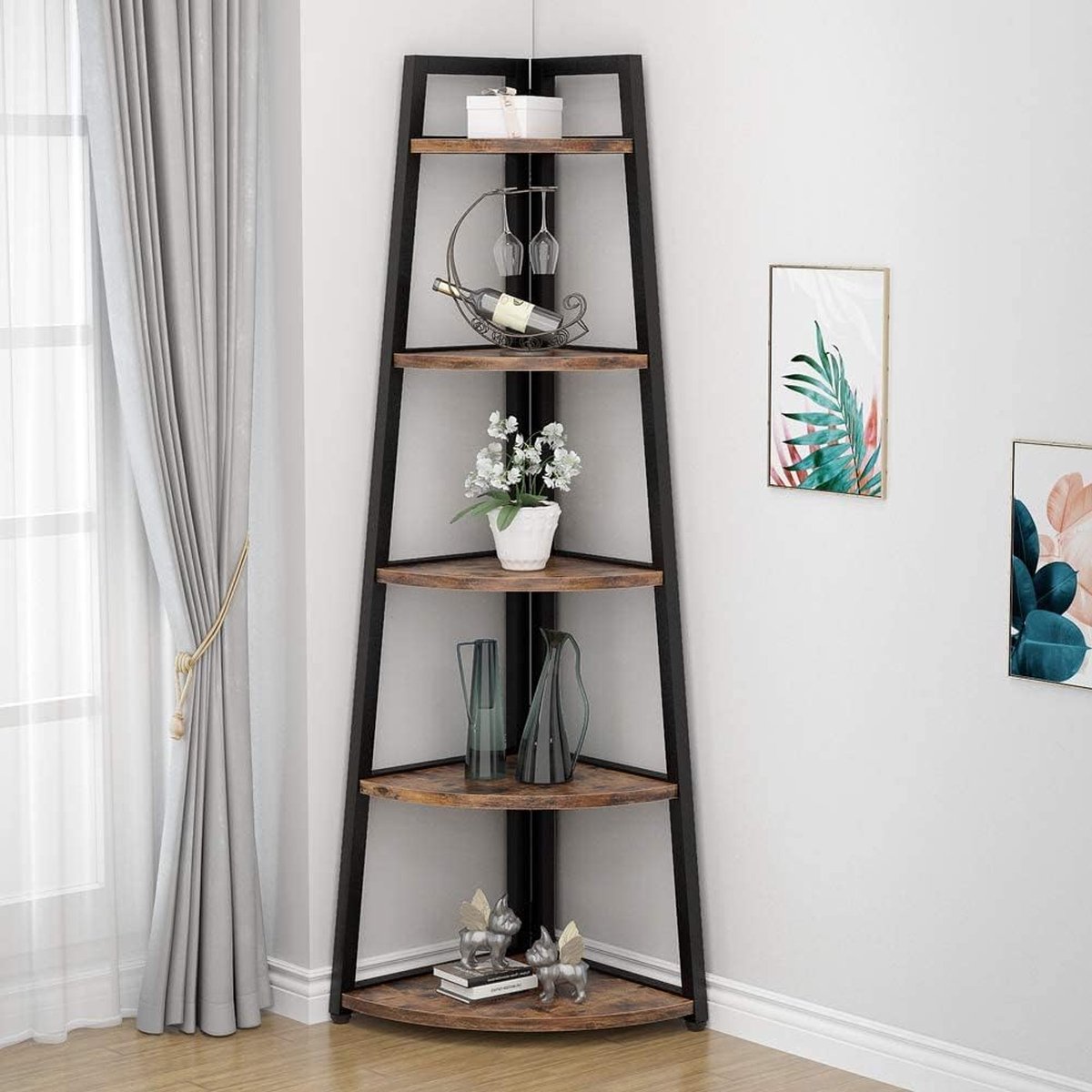 Boekenkast - Boekenrek - Hoekkast - Hoekmeubel - 5 Legplanken - 38x38x176 cm - Zwart/ Vintage Bruin