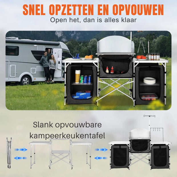 Campingkeuken - Buitenkeuken - Inklapbaar - 174x110x46cm - Campingkast - Incl. Opbergtas - Buitenkooktafel met opbergtas - Aluminium kookstation met 3 kasten - Afneembaar windscherm