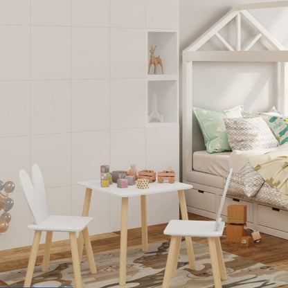 Kindertafelset met stoelen - Activiteitentafel voor kinderen - Creatieve speelset - Veilig en duurzaam - Met rugleuningen in de vorm van konijnenoren - Ideaal voor kinderkamers en babykamers - Witte tafel en 2 stoelenset - Konijnentafelset