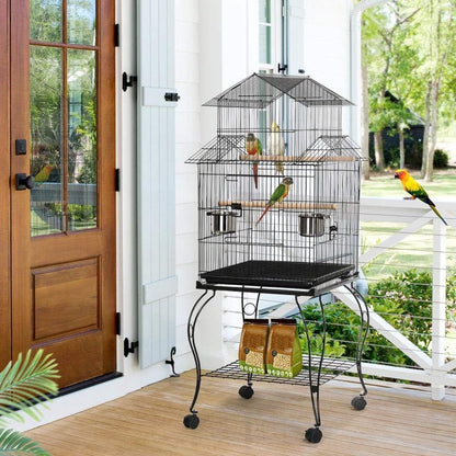 Luxe Grootte Papegaaienkooi op Wielen - Parkietenkooi - Grote Vogelkooi voor Binnen - Inclusief Speelgoed - Met Badhuis - 59x59x140cm - Zwart
