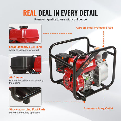 Benzinemotor Waterpomp - Maximale Stroom 265 GPM - 7 PK - Maximale Lift 43m - Gietijzeren Waaier - 7,5m Uitlaatslang - Geschikt voor Irrigatie - Inclusief Accessoires en Schokpads - Rood & Zwart
