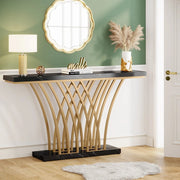 Grid Console Table - Moderne Gouden Consoletafel - Haltafel - Wandtafel met Rastervormig Metalen Onderstel - Ideaal voor Ingang, Gang en Entree - Zwart - Goud - Marmer - 150 x 80 x 30 cm (B x H x D)