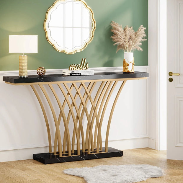 Grid Console Table - Moderne Gouden Consoletafel - Haltafel - Wandtafel met Rastervormig Metalen Onderstel - Ideaal voor Ingang, Gang en Entree - Zwart - Goud - Marmer - 150 x 80 x 30 cm (B x H x D)