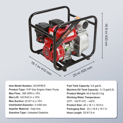 Benzinemotor Waterpomp - Maximale Stroom 265 GPM - 7 PK - Maximale Lift 43m - Gietijzeren Waaier - 7,5m Uitlaatslang - Geschikt voor Irrigatie - Inclusief Accessoires en Schokpads - Rood & Zwart