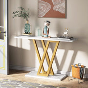 Console Tafel - Bijzettafel - Sidetable Modern - met Metalen Basis in Roostervorm - Metalen Frame - Wit en  Goud - 110 x 30 x 80 cm