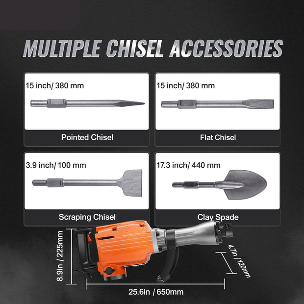 Breekhamer - Elektrische Sloophamer - 2200W - Beitelhamer Elektrische Slaghamer met 4 beitelset - Voor beton en blokken