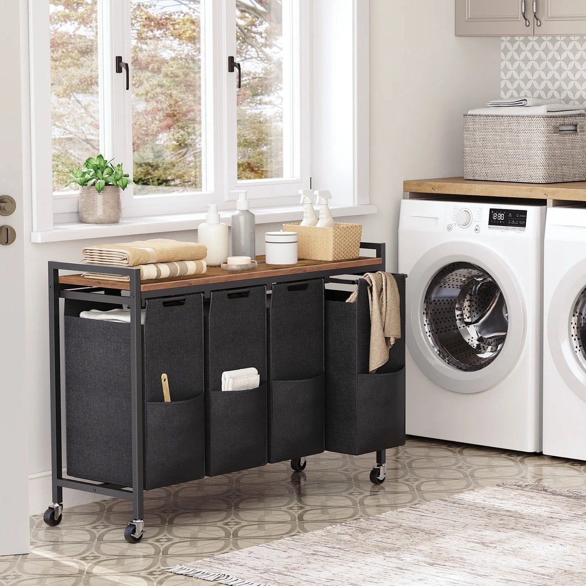 Wasmand met wielen - Waskar - Wasmand Met Plank - Oxford Stoffen Waszak - Stevig en Stijlvol - Rustiek Bruin - 110.5x33x74.5cm