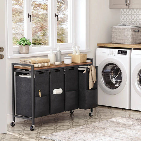 Laundry Basket with Wheels - Laundry Cart - Laundry Basket with Shelf - Oxford Fabric Laundry Bag - Sturdy and Stylish - Rustic Brown - 110.5x33x74.5cm