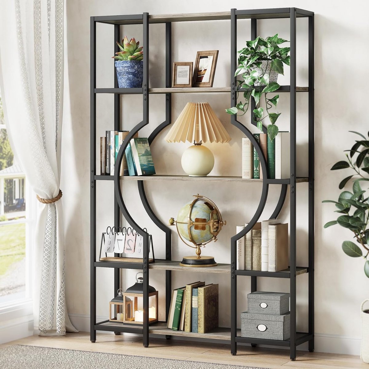 Boekenkast - Boekenrek met 5 Planken - Industrieel Vintage - Kasten Spaanplaat - Grijs en Zwart - 100 x 30 x 180 cm