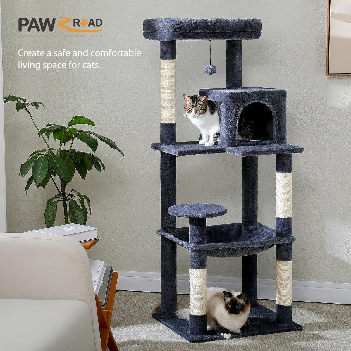 Krabpaal voor katten - Krabpaal voor grote katten - Krabpaal kat - Met een ruim kattenhok - 4 plateau's