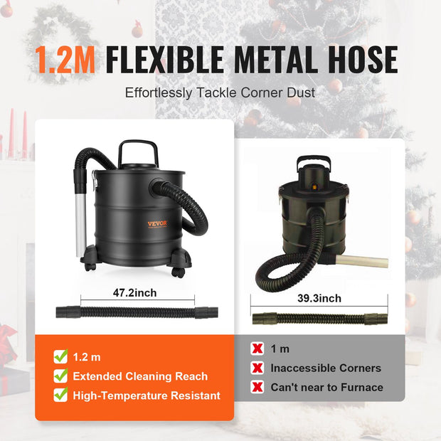 Elektrische Aszuiger - 1200W - Grote Capaciteit van 20 Liter - HEPA Systeem - Flexibele Slang van 1,2 m - Multifunctioneel voor Open Haarden - Tuinreiniging en Meer - Inclusief Aluminium Buis - Rollen en Filter - Zwart