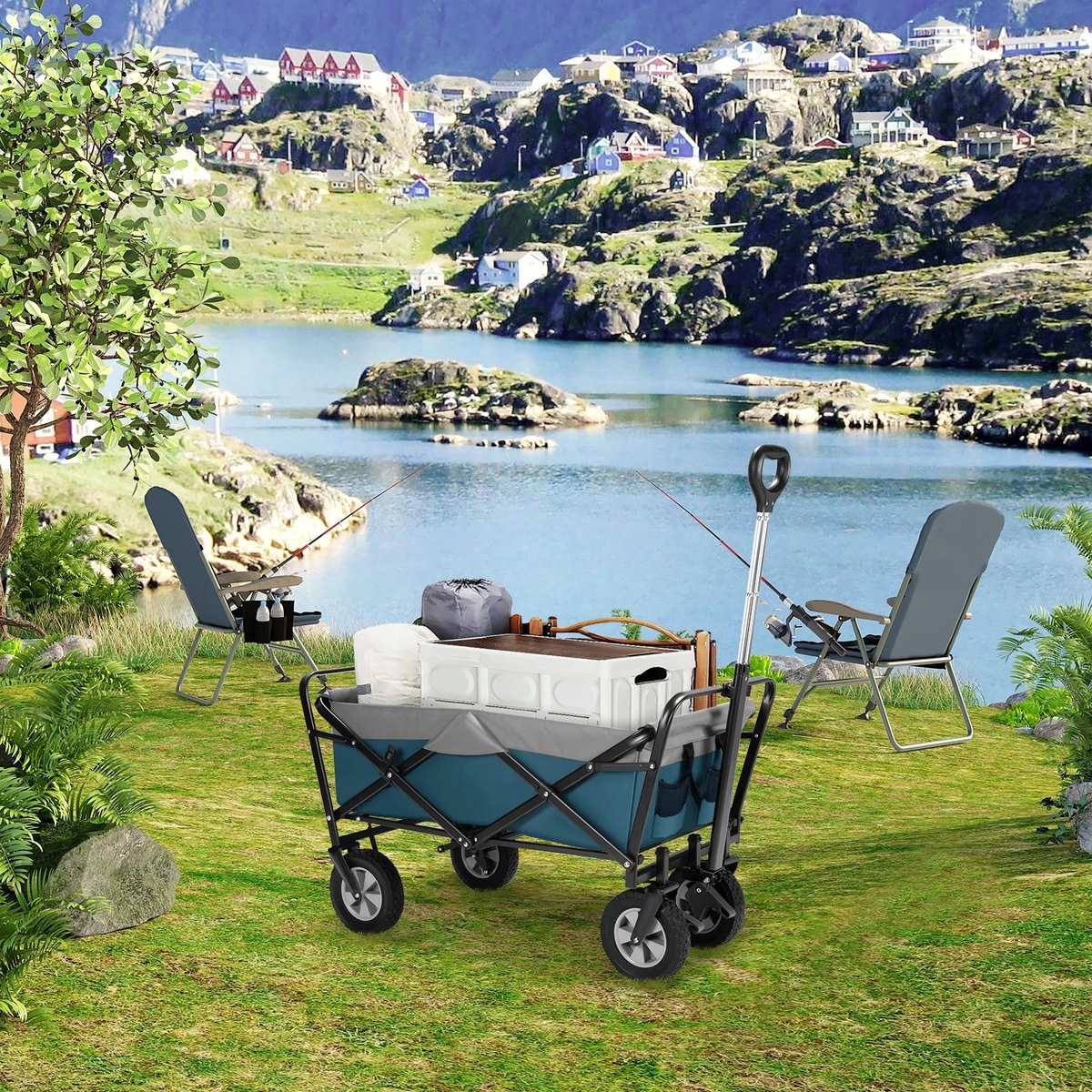 Trendy bolderkar 'Sep'- Opvouwbaar - 100ltr / 80 kg - 4 all-terrain banden - Blauw/Grijs - Draaibaar - Multifunctioneel - Kinderen - Boodschappen - Picknick