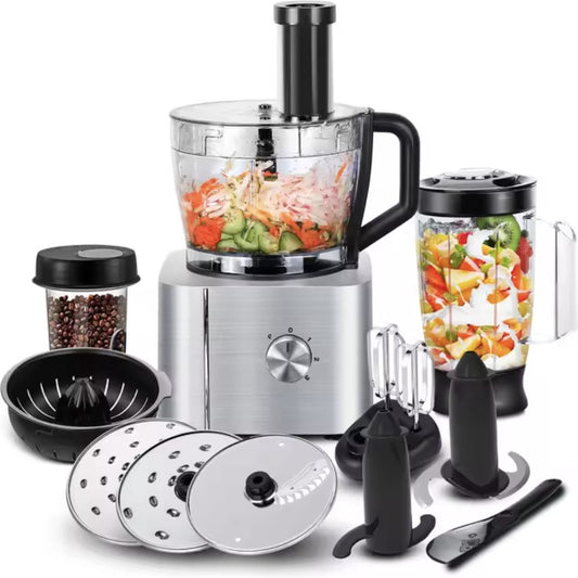 Keukenmachine - Alles in 1 keukenmachine - Multifunctionele keukenmachine - Vleesmolen - Garde - Kneder - Shredder - Sinaasappelpers - Hakselaar - Blender - 1100W - Zilver