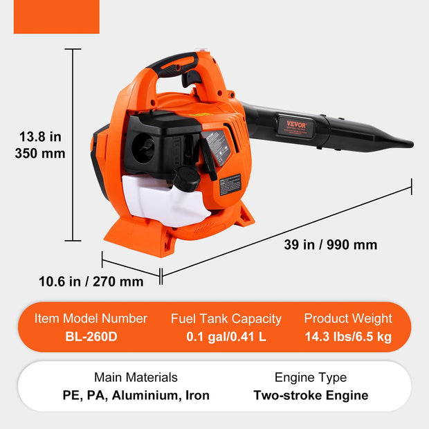 Bladblazer Rugzak - 79 CC - 2-takt - 425 CFM Luchtvolume - Snelheid van 250 km/u - 6500 rpm - Capaciteit Brandstoftank 0.41 L - voor het Verwijderen van Vuil op Erven - Tuinen - Landschappen en Buitenpaden