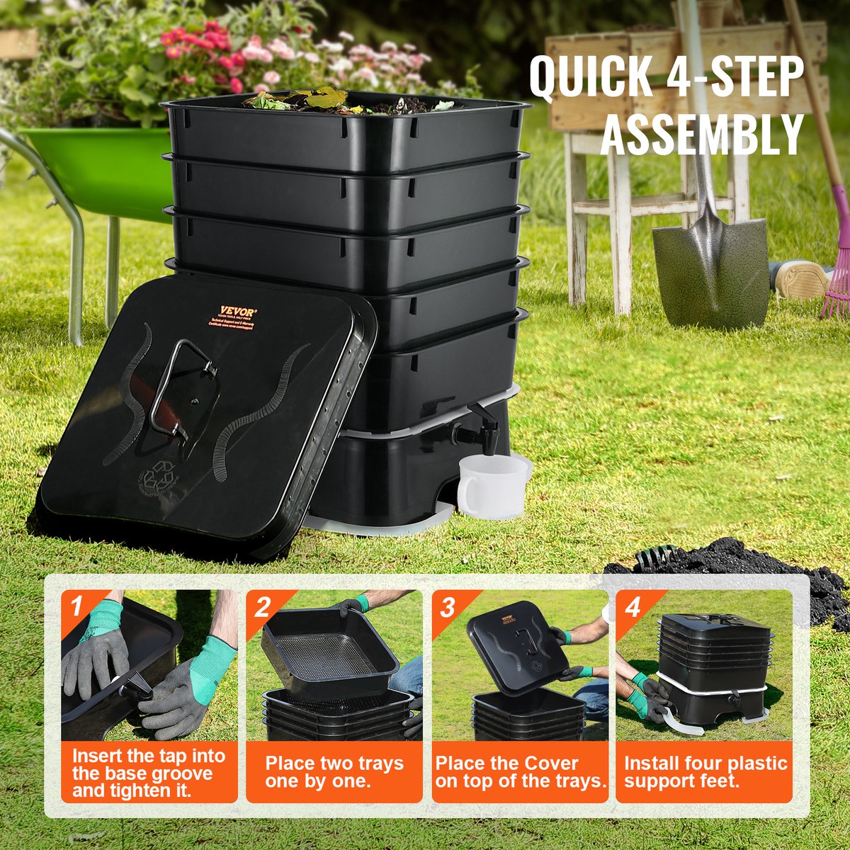 Wormcomposter - HDPE-Materiaal - Robuust en Duurzaam - Grote Capaciteit - Hoge Composteringsefficiëntie - Makkelijke Installatie - 40x40x65cm - 50L - Zwart