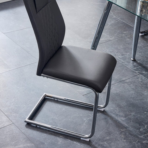 Eetkamerstoel Set van 4 - Grijs - Met Ruitpatroon op de Rugleuning - Verchroomd Metalen Frame - Belastbaar tot 150 kg - Kunstlederen Bekleding