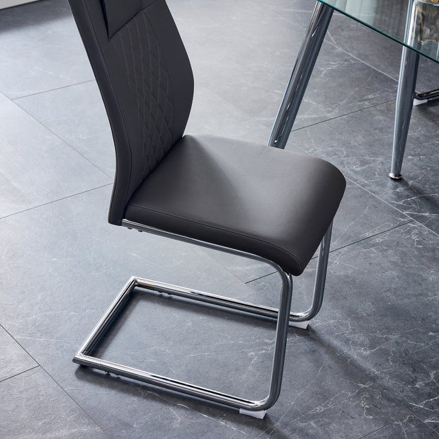 Eetkamerstoel Set van 4 - Grijs - Met Ruitpatroon op de Rugleuning - Verchroomd Metalen Frame - Belastbaar tot 150 kg - Kunstlederen Bekleding