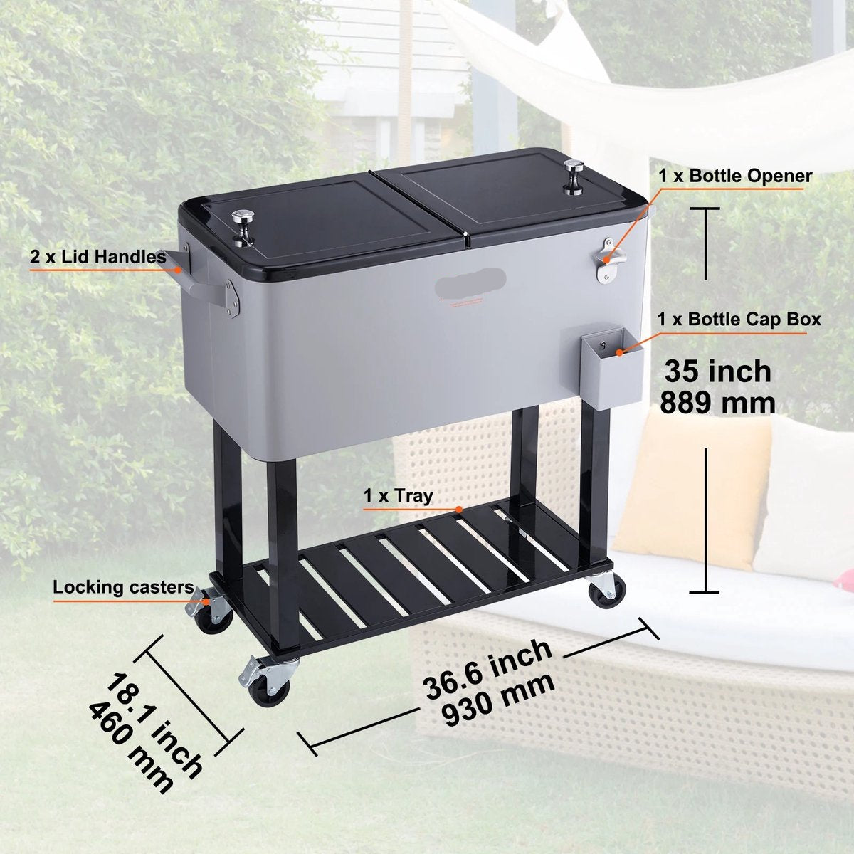 Rollende IJskist - Koeler Kar - Grijs - 80 Qt - Draagbare Bar Drinkkoeler - Voor Terras, Achtertuin, Feest - 46x93x89cm