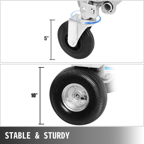 Hand Trolley - 3 in 1 - Aluminium - Twee 10 inch Luchtbanden en Twee - 5 inch Wielen -1 Neusplaat - voor Thuis, Industrieel, Kantoor, School, Werkplaats, Magazijn, Fabriek, Levering - Zilver