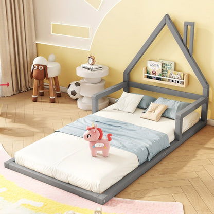 Kinderbed - Plat Bed - Huisvorm - Massief Grenen - Eenvoudige Vorm - 90*200 cm - Grijs