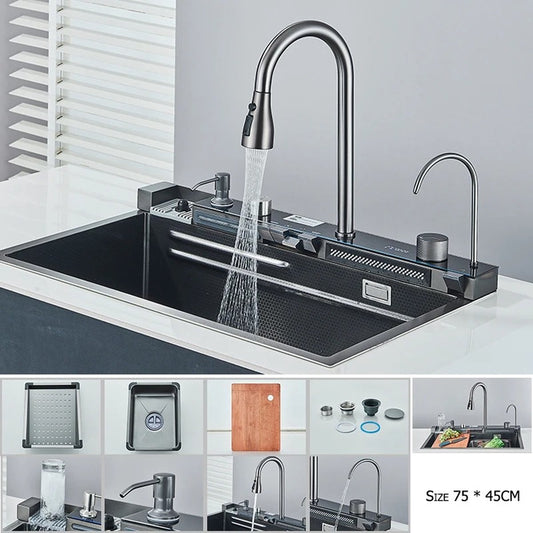 Stainless steel sink - Digital display - Waterfall faucet - Sink - Wash basin - Kitchen - Black