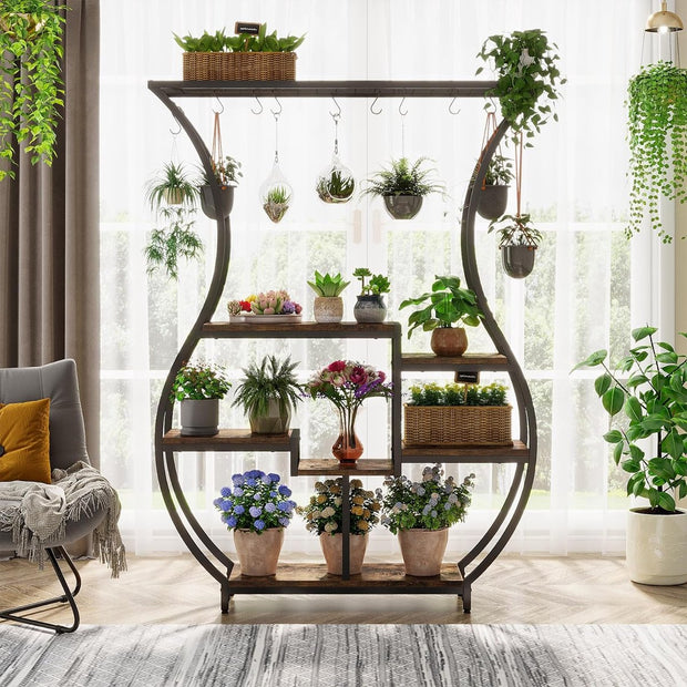 Plantenrek - Plantenstandaard - Plantenrek voor Binnen en Buiten - Plantenrek met 6 Niveaus en 10 S-haken - Rustiek Bruin/Zwart - 120 x 30 x 180 cm