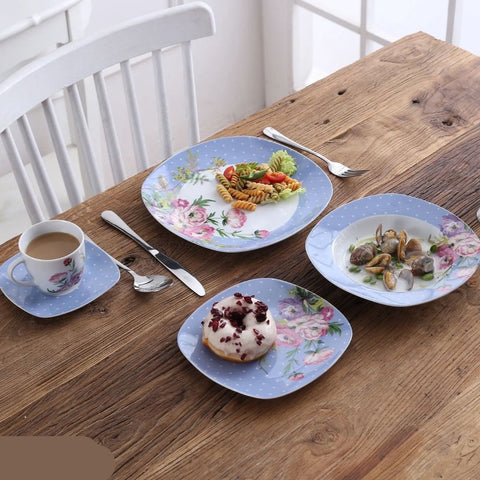 Luxe Serviesset - Bordenset - Kommen set - Soep Borden - Dessert Borden - Dinerborden - set van 30 - 6 persoons - Wit - Blauw - Bloemen