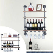 Wandplank - Wijnrek - Wijnglazen Houder - 3 Planken - Industrieel - Hout - 100x60x20 cm - Woonkamer - Keuken - Slaapkamer - Wandrek - Muur