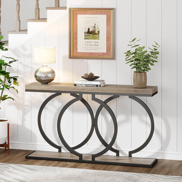 Consoletafel - Sidetable - met O-vormige Gouden Metalen Poten - Haltafel - Wandtafel - 140x30x80 cm - Grijs en Zwart - Metaal en Hout - Modern - Console Tafel