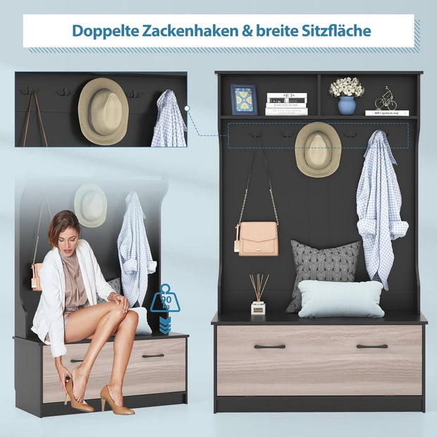 Kapstok met zitbank en 5 haken - Ruimtebesparende Garderobe met Opbergruimte voor Entree en Slaapkamer