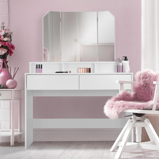Dressing table with 3-piece folding mirror 100x40x140 cm White ML-Design