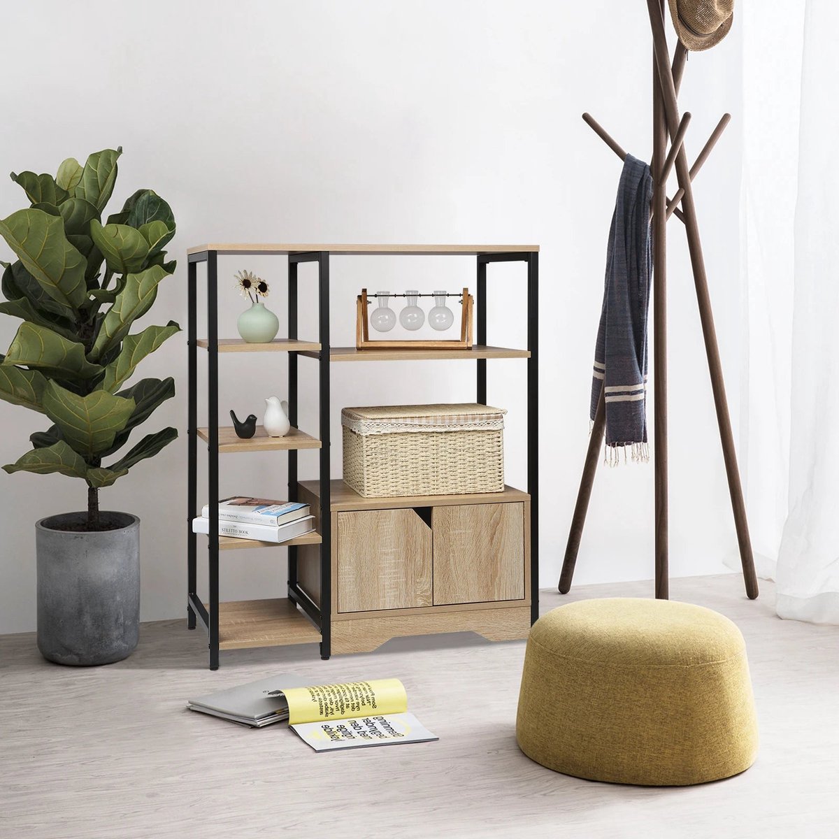 Boekenkast - 80x35x97cm - met Kastje -  5 Lagen - MDF en Metaal - Licht Eiken Kleur - 6-laags - Houten Boekenplank - Opbergrek - Staande Plank - Hoekboekenkast - Organizer voor Woonkamer en Kantoorkeuken