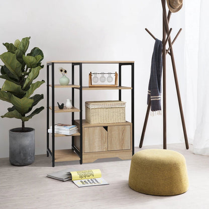 Boekenkast - 80x35x97cm - met Kastje -  5 Lagen - MDF en Metaal - Licht Eiken Kleur - 6-laags - Houten Boekenplank - Opbergrek - Staande Plank - Hoekboekenkast - Organizer voor Woonkamer en Kantoorkeuken