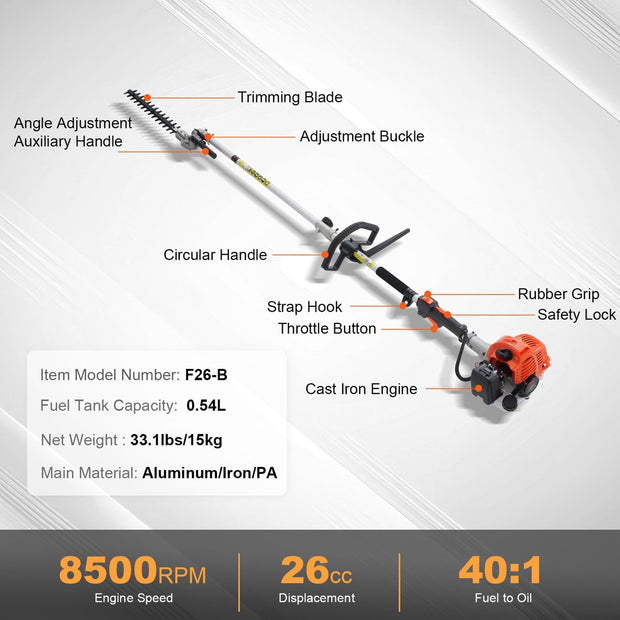 Heggenschaar Benzine - 5-in-1 - 26CC - Tweetaktmotor - Met 8500 Tpm - Kan 270° - Worden Gedraaid - Met Beschermende Handschoenen En Gehoorbescherming - Voor Van Hoge Takken - Struiken - Theetuinen En Landschapsonderhoud