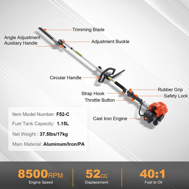 Heggenschaar Benzine - 52CC - 6-in-1 - Tweetaktmotor - Met 8500 Tpm - Kan 270° - Worden Gedraaid - Met Beschermende Handschoenen En Gehoorbescherming - Voor Van Hoge Takken - Struiken - Theetuinen En Landschapsonderhoud