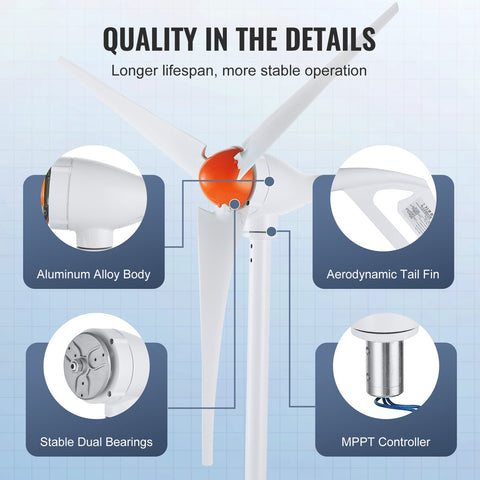 Windturbine -12V - 500W - 3-Bladige - Met Mppt-Controller - Turbinelichaam is Gemaakt van Gegoten Aluminium en is Corrosiebestendig - Verstelbare Windrichting en Startwindsnelheid van 2,5 m/s Geschikt - voor Thuisboerderij Campers Boten