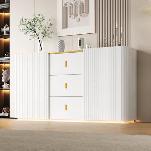 LED - Modern wit dressoir met LEDverlichting - 150x35x80 cm - 2 deuren, 3 lades en RGB-kleuren - Opbergkast voor woonkamer, eetkamer of hal - Wit
