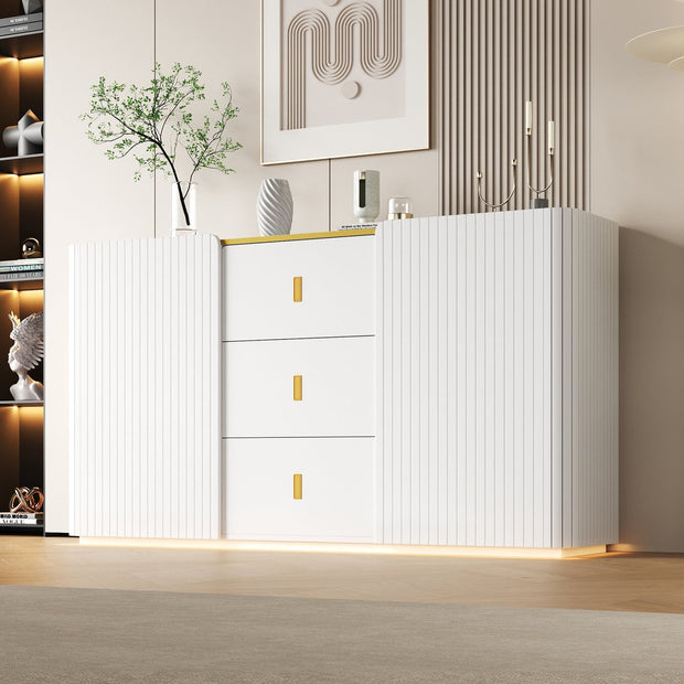 LED - Modern wit dressoir met LEDverlichting - 150x35x80 cm - 2 deuren, 3 lades en RGB-kleuren - Opbergkast voor woonkamer, eetkamer of hal - Wit