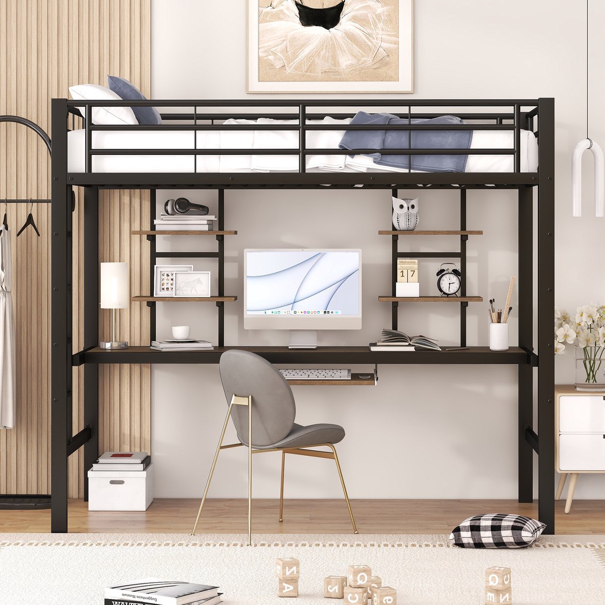 Kinderbed - Zonder Matras - Zonder Stoel - Metalen Bedframe met Bureau en Twee Boekenplanken - Geschikt voor Kinderen - Tieners en Volwassenen - 90x200 cm - Zwart
