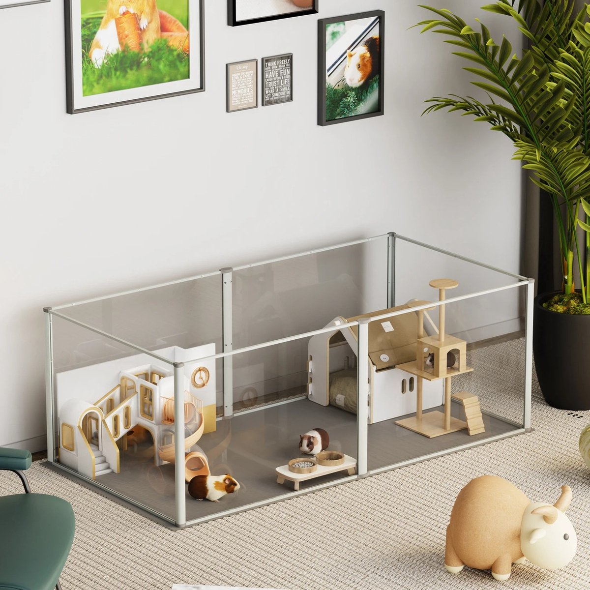 Acryl Knaagdierenkooi - Kooi voor Kleine Dieren, Cavia's, Hamsters, Konijntjes - 6 Panelen - 124x63x40 cm - 360° Zichtbaarheid - QUORE