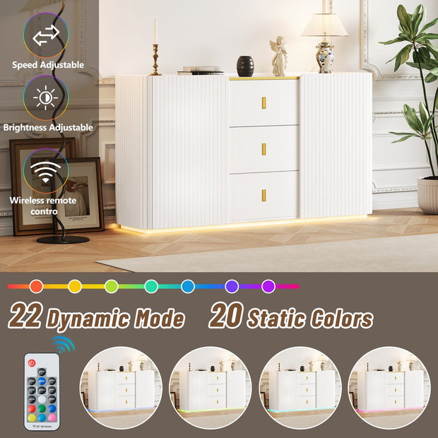 LED - Modern wit dressoir met LEDverlichting - 150x35x80 cm - 2 deuren, 3 lades en RGB-kleuren - Opbergkast voor woonkamer, eetkamer of hal - Wit