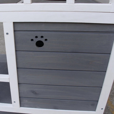 Kattenhuis - voor Buiten – Weerbestendig Houten Hok - met 2 Verdiepingen – Ruime Kooi - Bench en Ren – Duurzaam en Comfortabel – Grijs