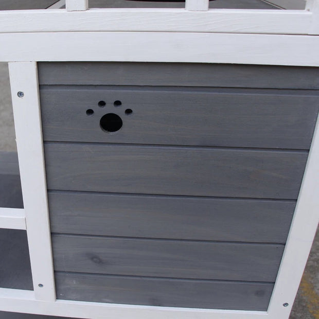 Kattenhuis - voor Buiten – Weerbestendig Houten Hok - met 2 Verdiepingen – Ruime Kooi - Bench en Ren – Duurzaam en Comfortabel – Grijs