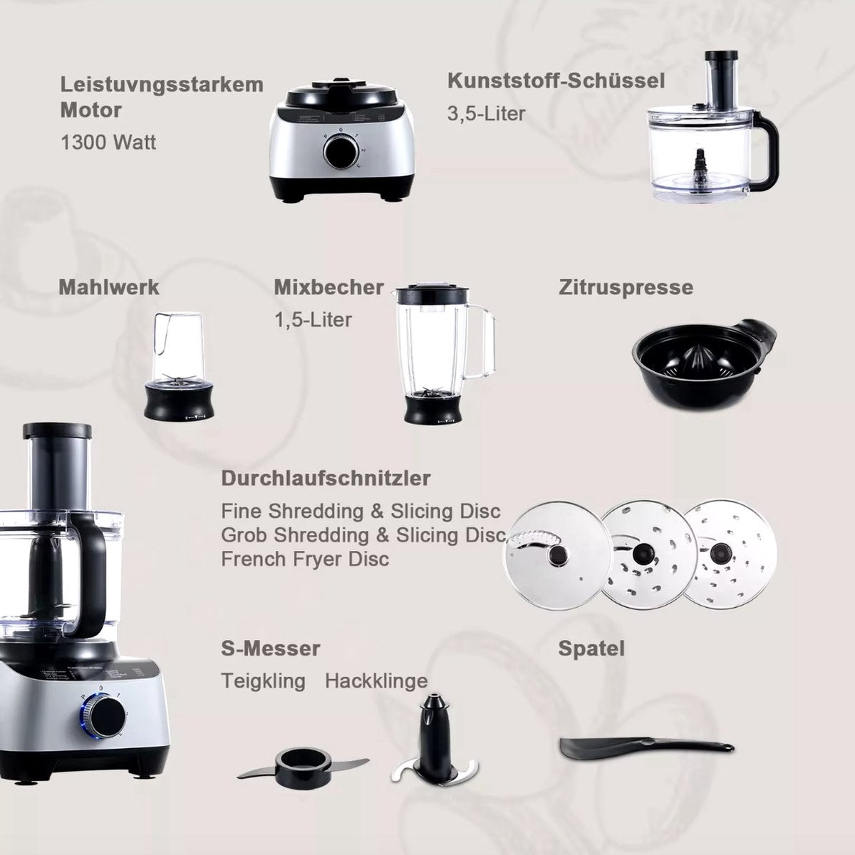 Keukenmachine - Alles in 1 keukenmachine - Multifunctionele keukenmachine - 11 in 1 - Blender - Citruspers - Kneden - Hakken - Malen - Mixen - 1300W - Zilvergrijs - QUORE
