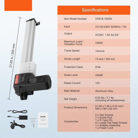Lineaire Actuatorkit - 1000N - 24V - IP44 - Bescherming - Adaptervoeding - voor Het Optillen van tv/Tafel/Bank - Zilver