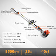 Heggenschaar Op Benzine - 26CC - 2-Takt - Met 8500 Tpm Biedt - Kan 270° Worden Gedraaid - Met Beschermende Handschoenen En Gehoorbescherming - Voor Van Tuinen - Boomgaarden - Landschapsgebieden - Theetuinen