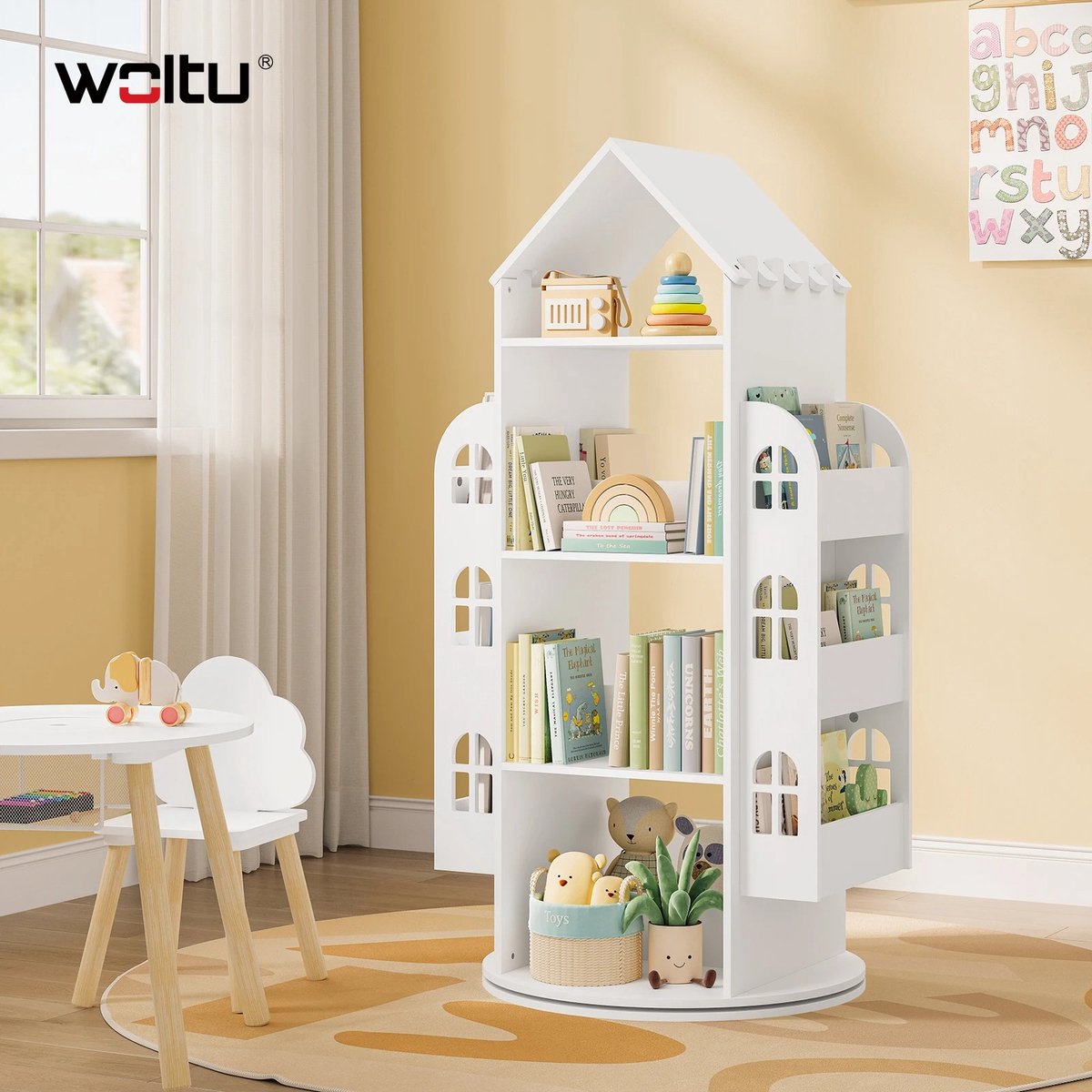 Boekenplank - Draaibare Boekenkast - Kast Woonkamer - Speelgoedkast - Kinderkast - Speelgoedopbergkast - 63 cm x 125 cm x 59 cm - Wit