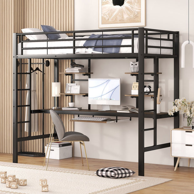 Kinderbed - Zonder Matras - Zonder Stoel - Metalen Bedframe met Bureau en Twee Boekenplanken - Geschikt voor Kinderen - Tieners en Volwassenen - 90x200 cm - Zwart