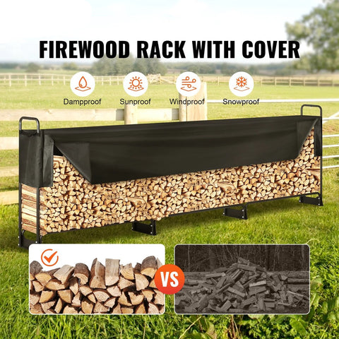 Wood rack - Firewood rack - Firewood rack - Metal - 259 x 36 x 117 CM - Size M - Powder coated frame - Waterproof cover - Loading weight 300 KG - Black